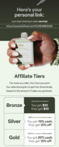 Email highlighting the different affiliate tiers